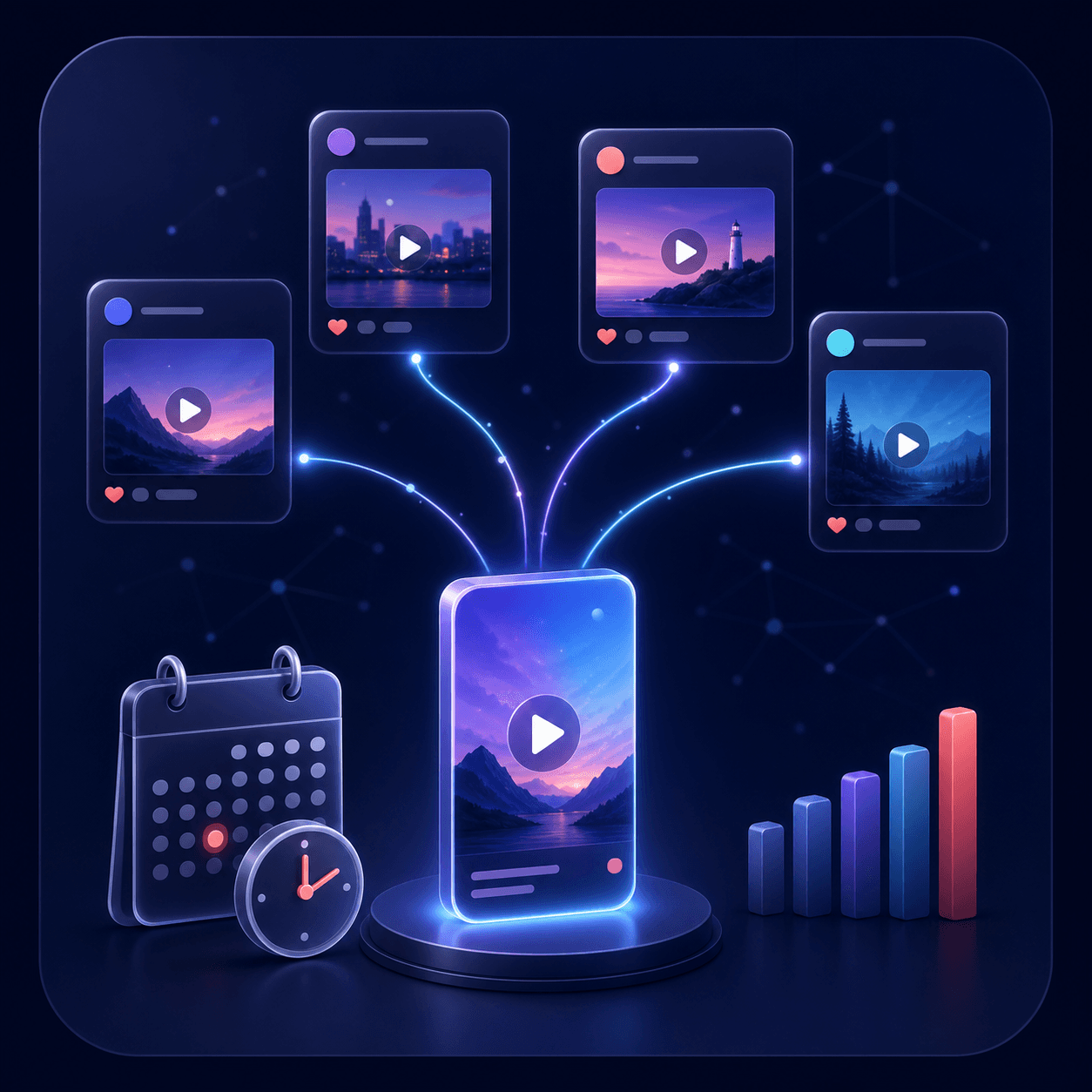 One scheduled video distributing into several social feeds with engagement tracking